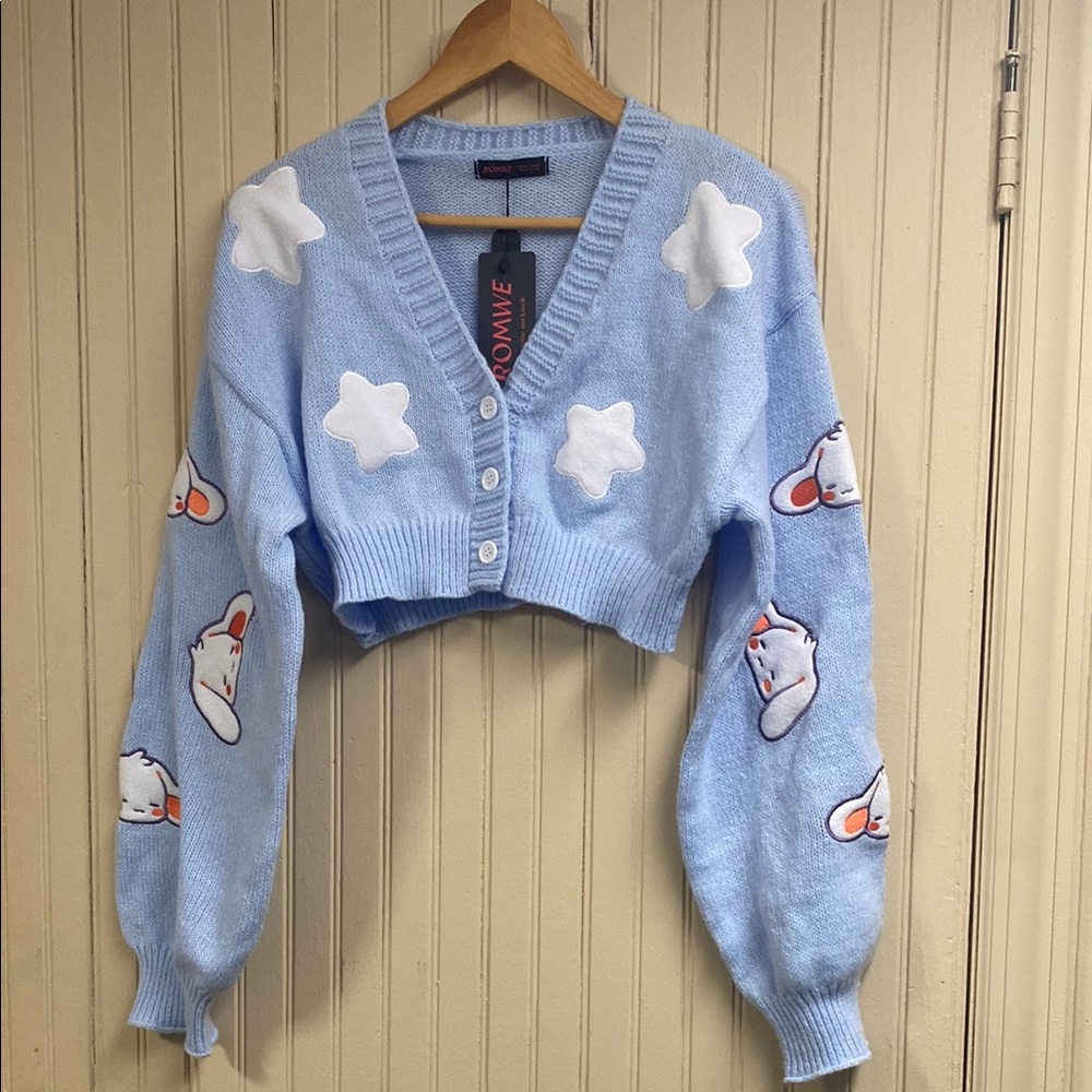 Blue Cropped Cardigan with Star and Cat Design